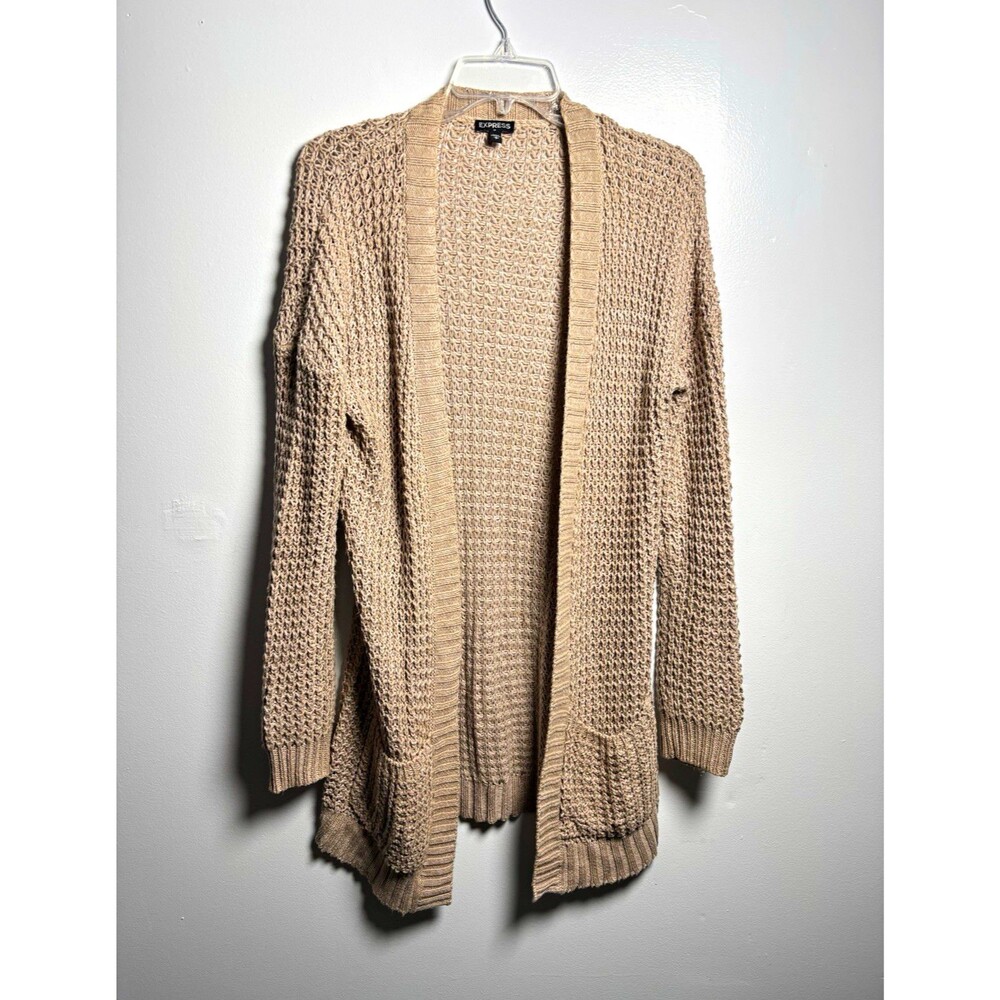 Express Women’s M Beige Open Knit V-Neck Cardigan Sweater Pockets Cotton/Acrylic